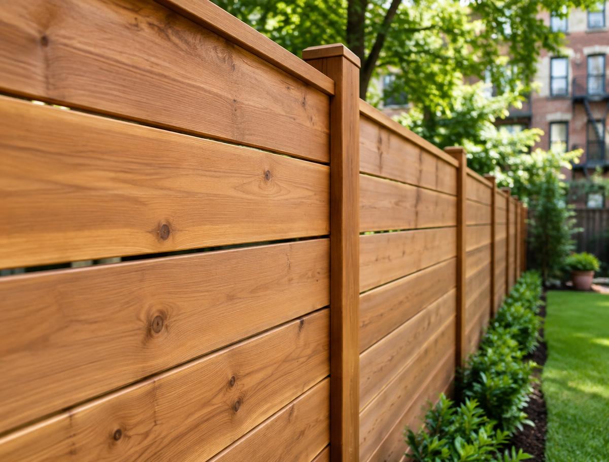 Close-up of a quality wooden fence installation